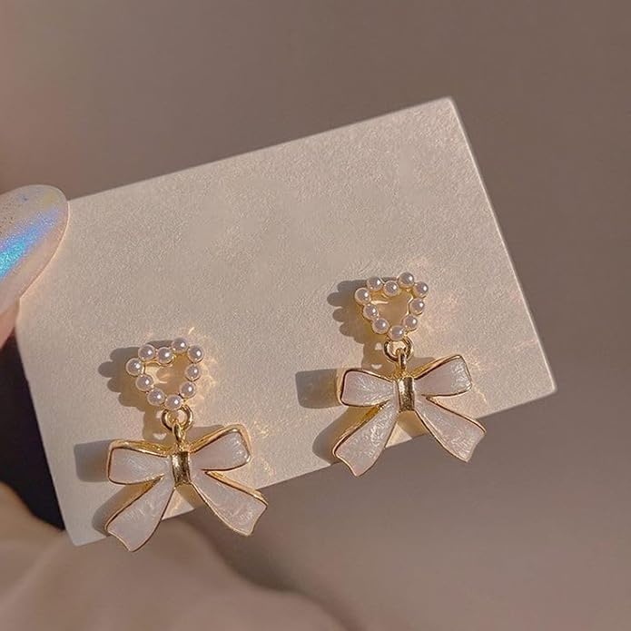 Korean White Bow Stone Stud Earrings