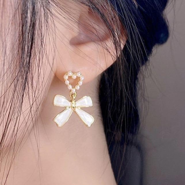 Korean White Bow Stone Stud Earrings