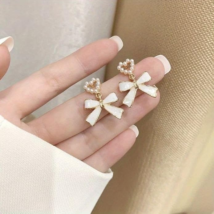 Korean White Bow Stone Stud Earrings