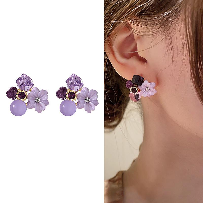 Purple Crystal Flower Stud Earrings