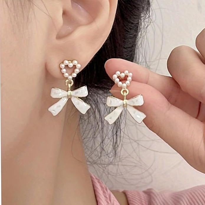 Korean White Bow Stone Stud Earrings