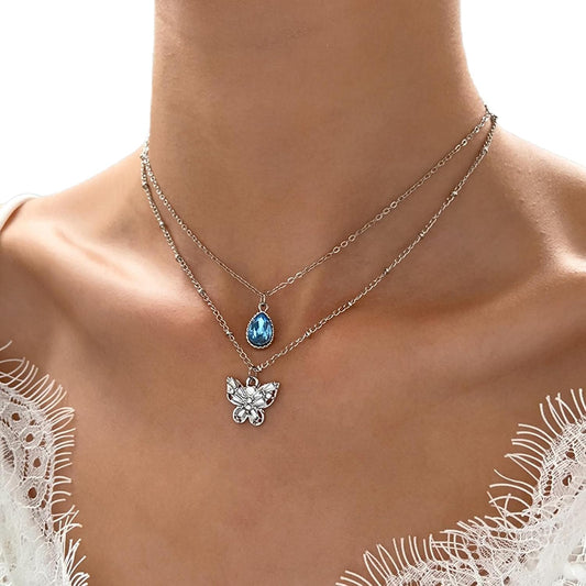 Silver Double-Layered Butterfly and Blue Gem Pendant Necklace