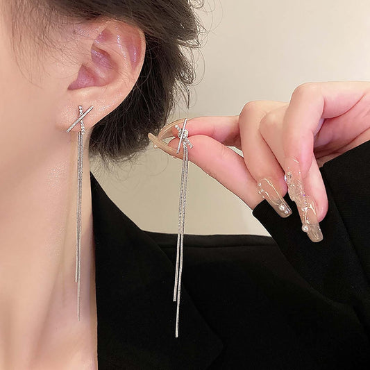 Silver Crossover Long Tassel Earrings