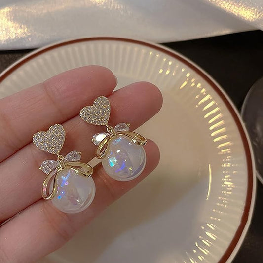 Gold Plated Korean Ad Heart Themed Pearl Drop Earrings