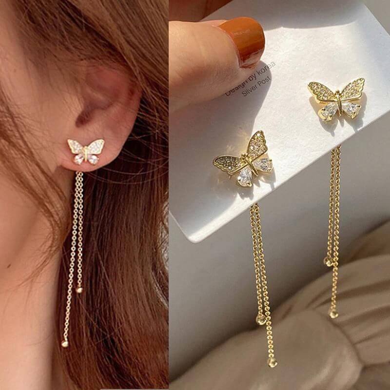 Butterfly Long Gold Chain Tassel Earrings