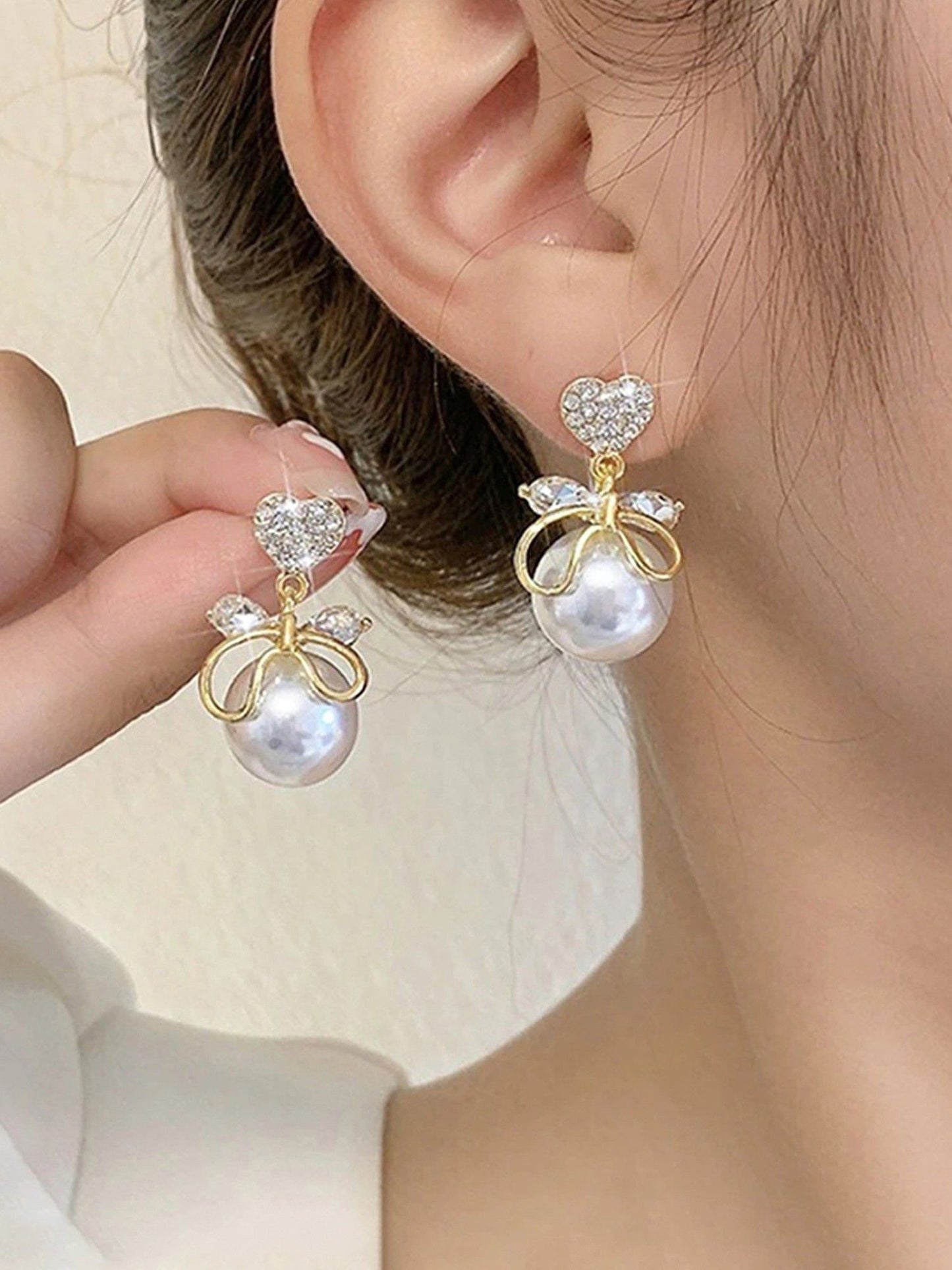 Gold Plated Korean Ad Heart Themed Pearl Drop Earrings