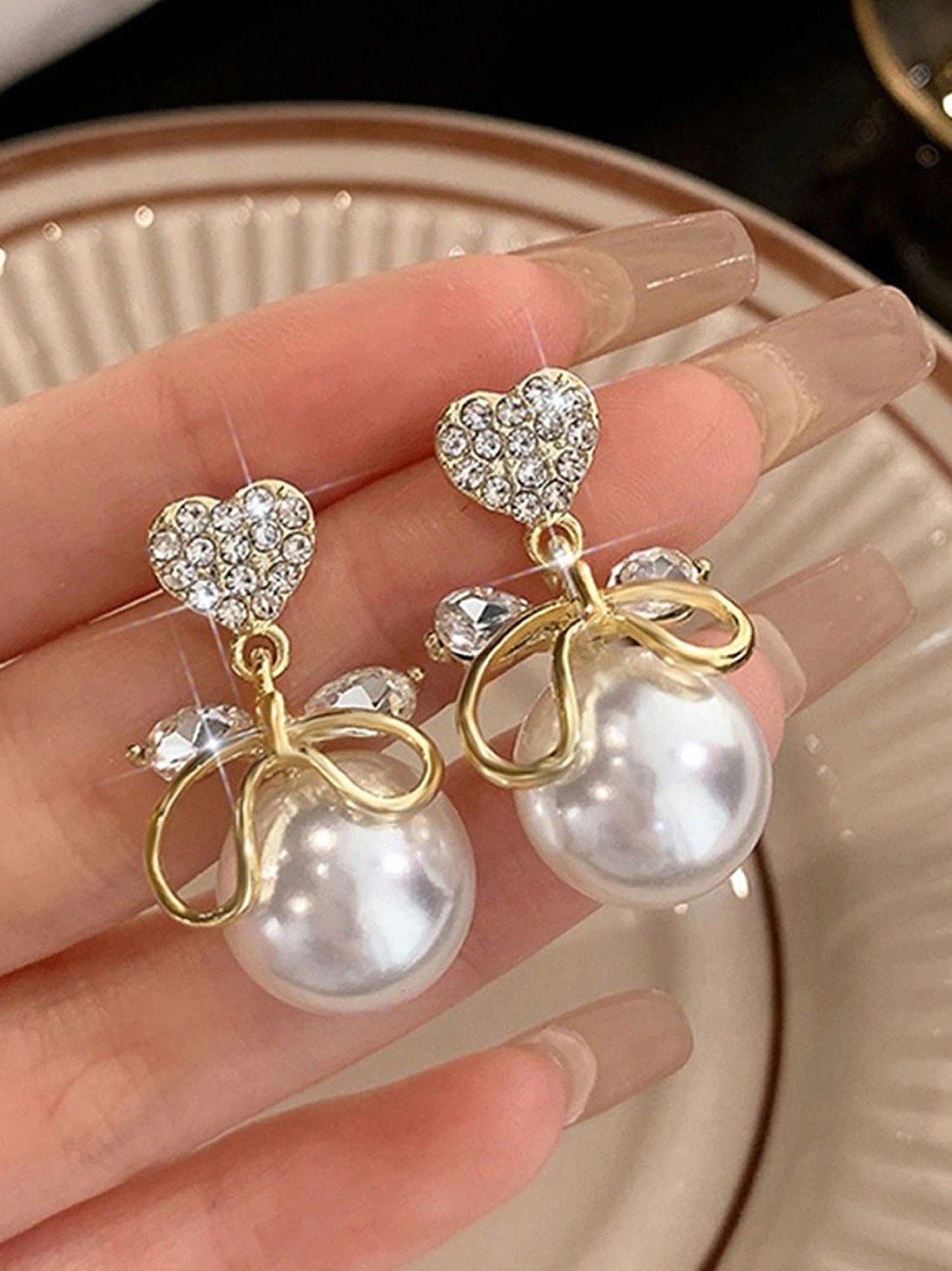 Gold Plated Korean Ad Heart Themed Pearl Drop Earrings