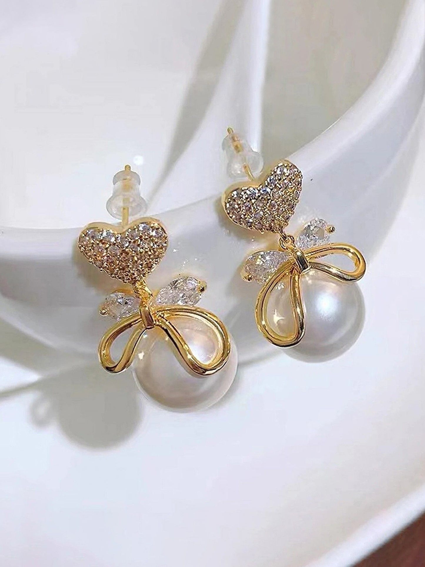 Gold Plated Korean Ad Heart Themed Pearl Drop Earrings