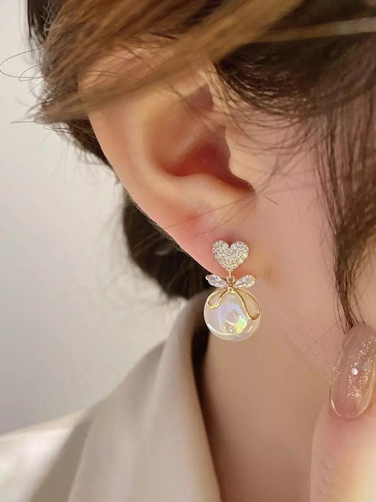 Gold Plated Korean Ad Heart Themed Pearl Drop Earrings