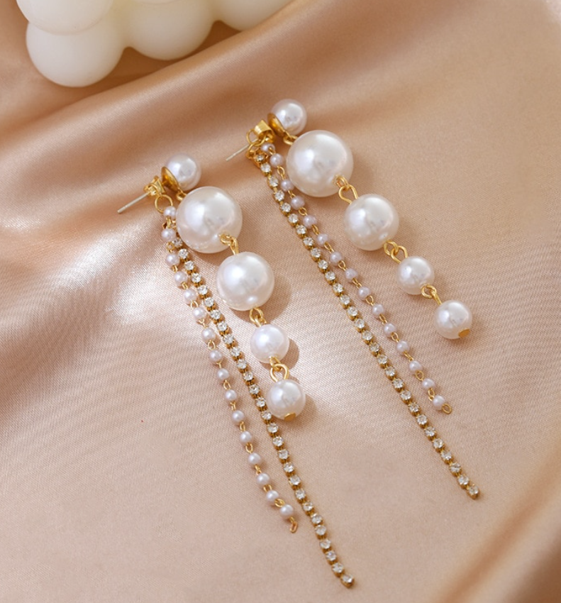 Elegant Two-Way Long Tassel Pearl & Rhinestone Drop Earrings