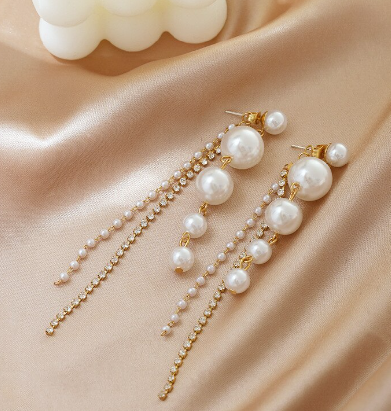 Elegant Two-Way Long Tassel Pearl & Rhinestone Drop Earrings