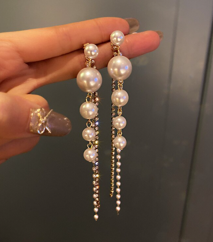 Elegant Two-Way Long Tassel Pearl & Rhinestone Drop Earrings