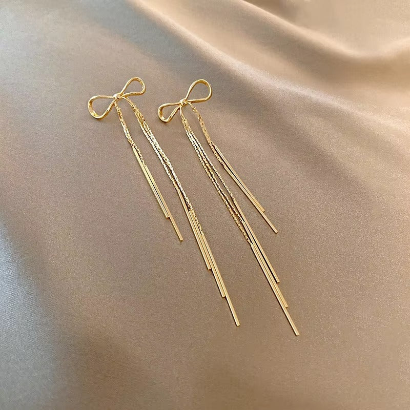 Golden Bow Long Tassel Earrings