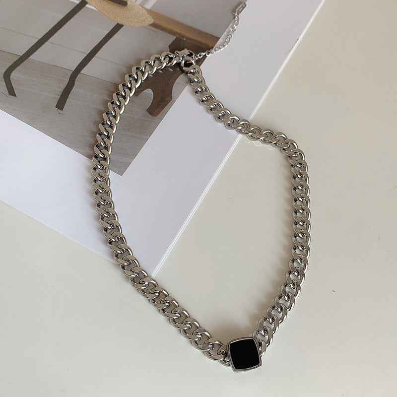 Bold Silver-Plated Cuban Link Chain Necklace with Black Accent Pendant