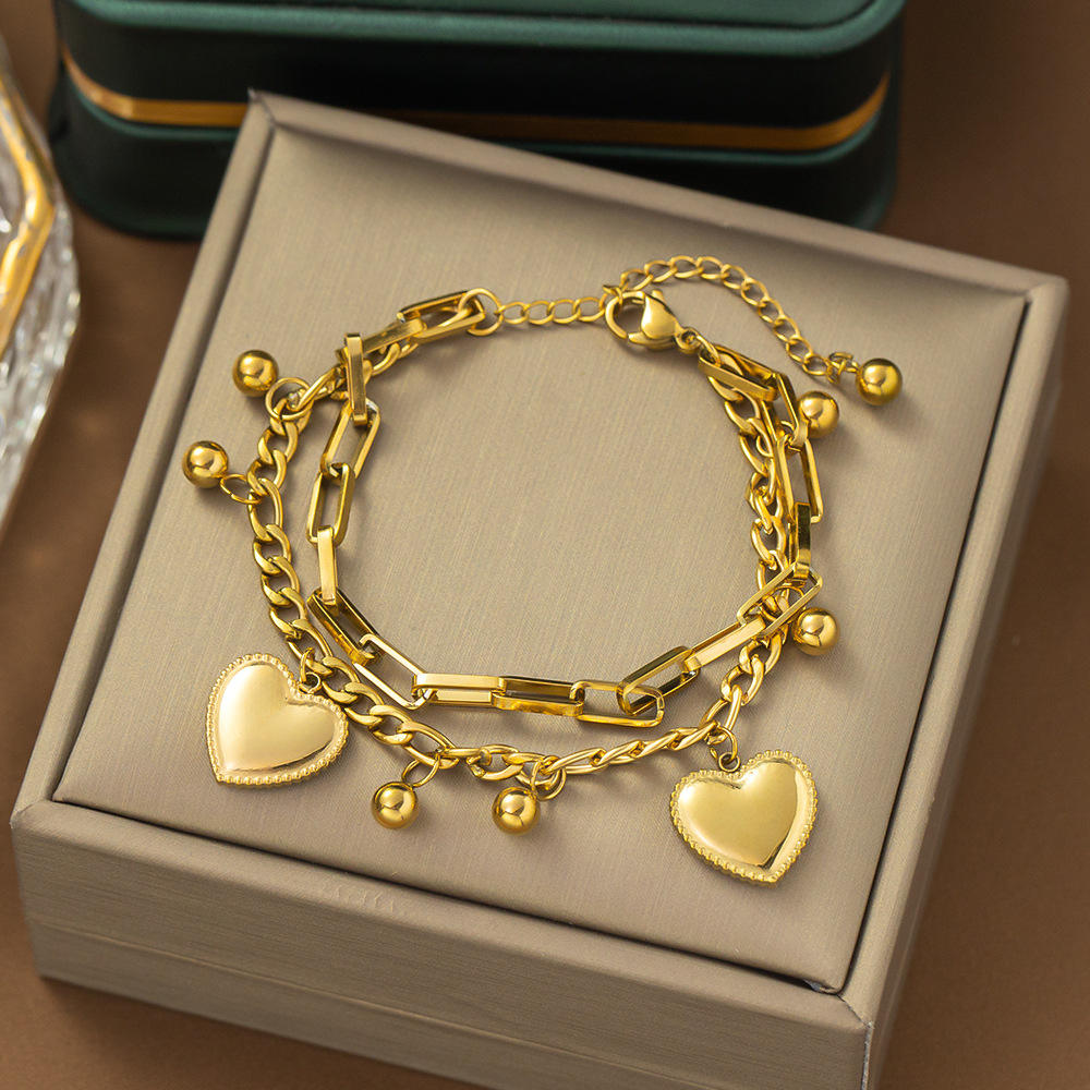 Gold-Plated Multi-Layer Heart Charm Bracelet