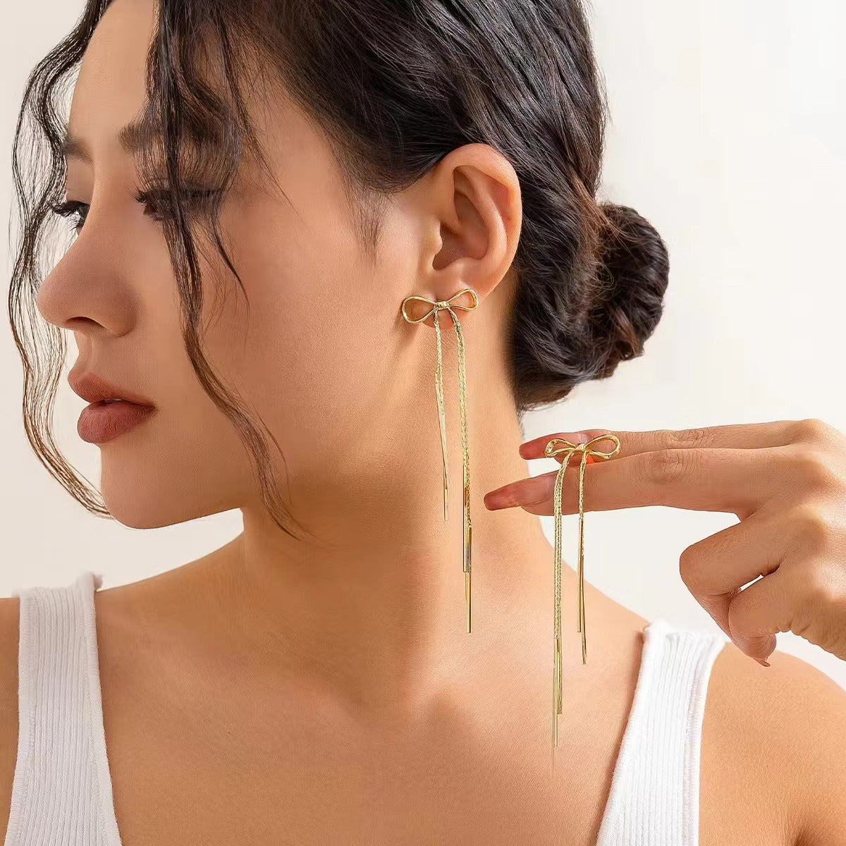 Golden Bow Long Tassel Earrings