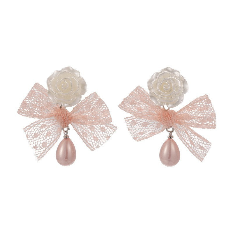 Pink Ribbon Rose and Pearl Drop Earrings