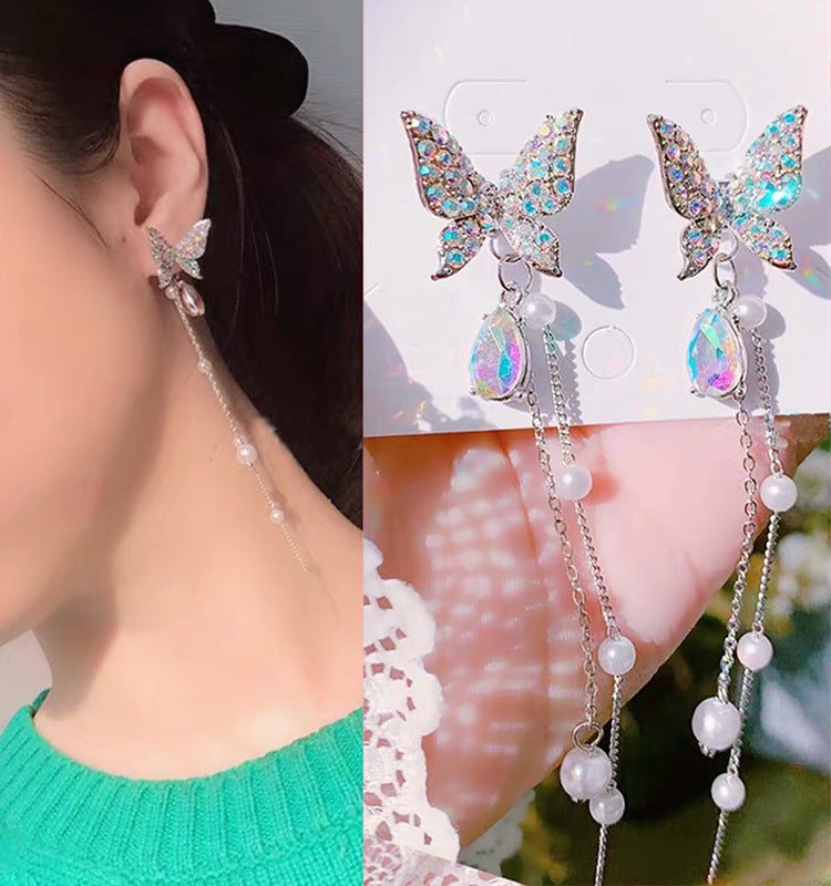 Butterfly Crystal Bead Tassel Earrings