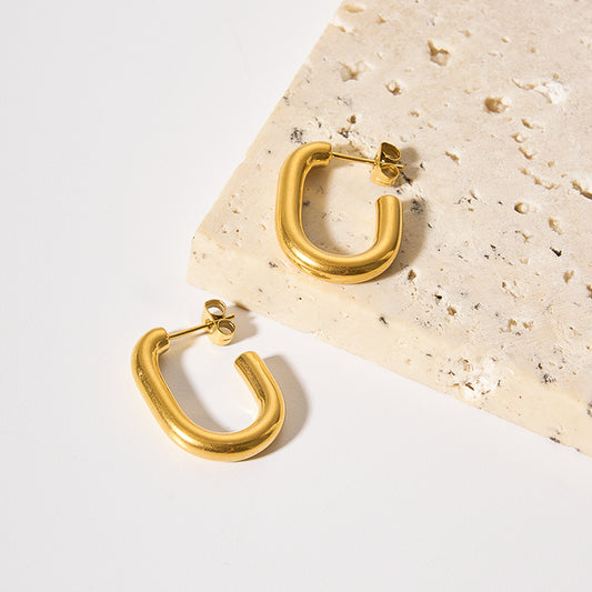 Gold Pleated Plain Half Hoops Stainless Steel Waterproof