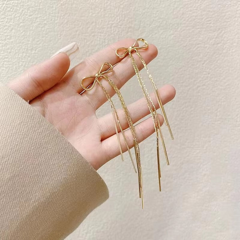 Golden Bow Long Tassel Earrings