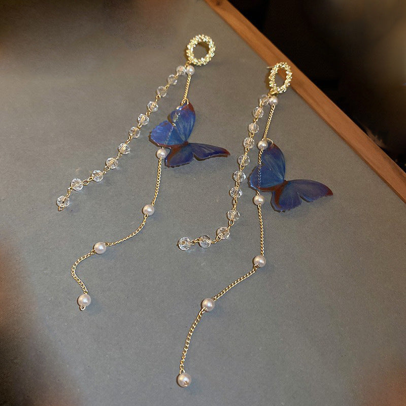 Long Tassel Blue Butterfly Earrings Fashionable Crystal