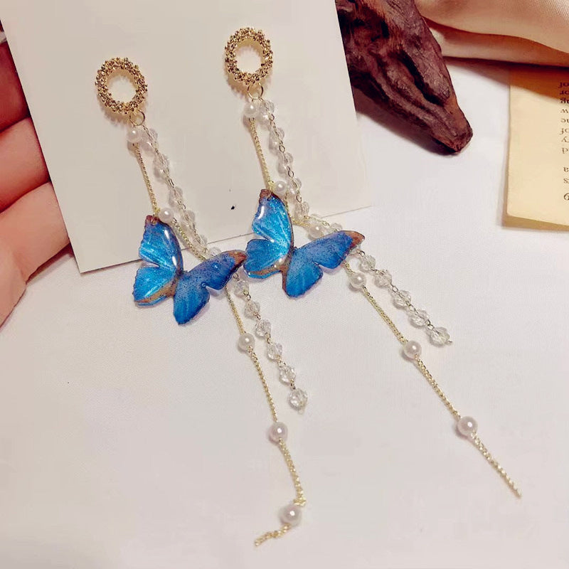 Long Tassel Blue Butterfly Earrings Fashionable Crystal