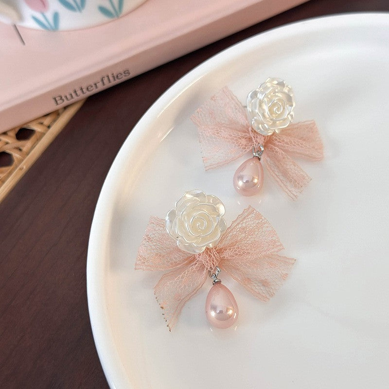 Pink Ribbon Rose and Pearl Drop Earrings