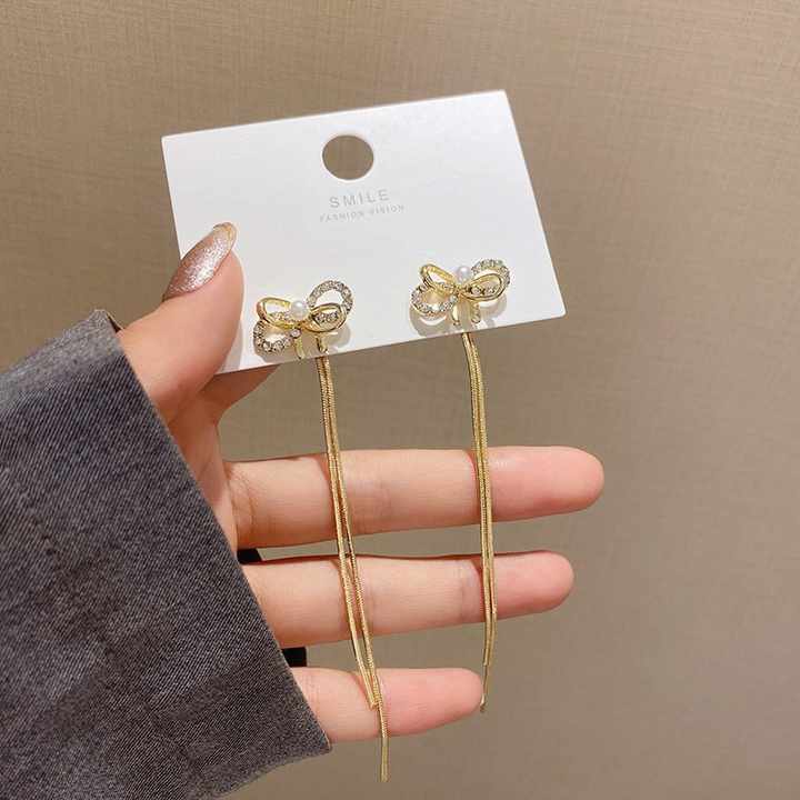 Long Tassel Bow Rhinstone Earrings