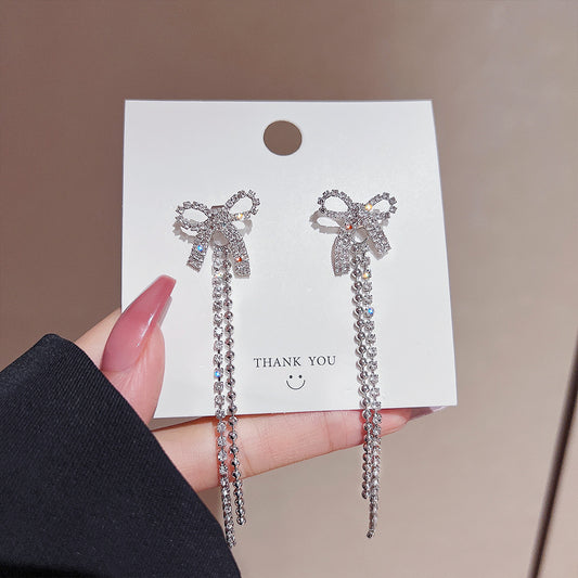 Silver Rhinestone Long Tassel Bow Earrings