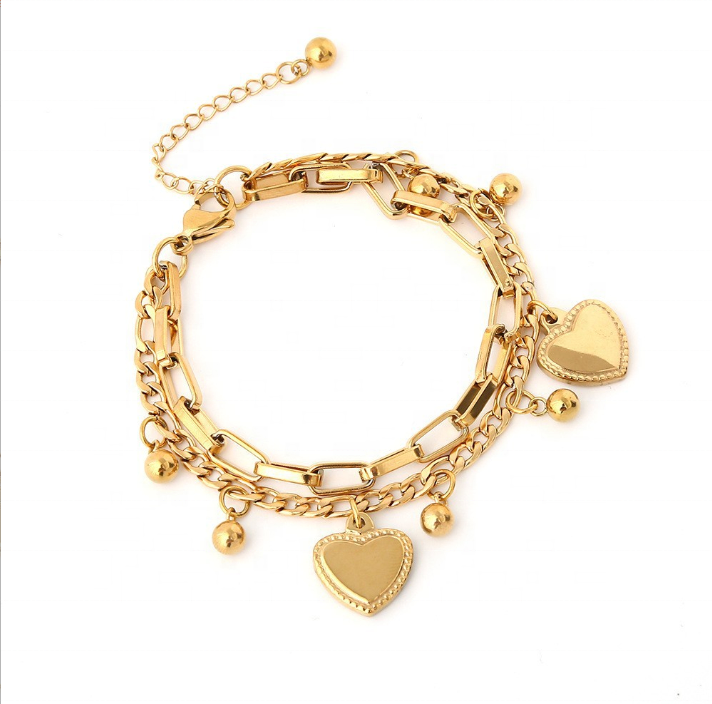 Gold-Plated Multi-Layer Heart Charm Bracelet