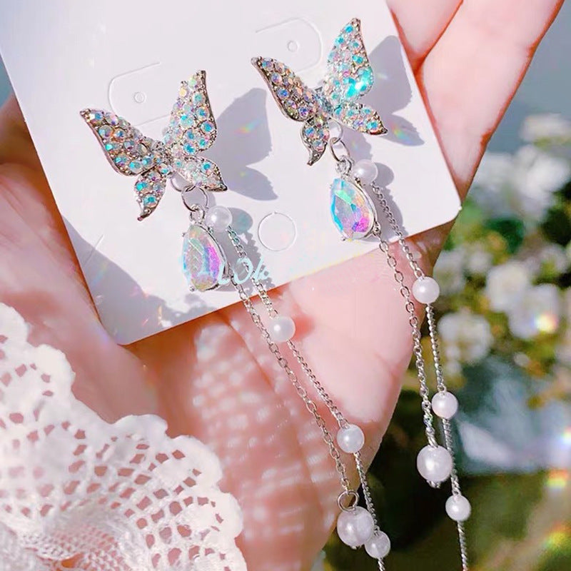 Butterfly Crystal Bead Tassel Earrings