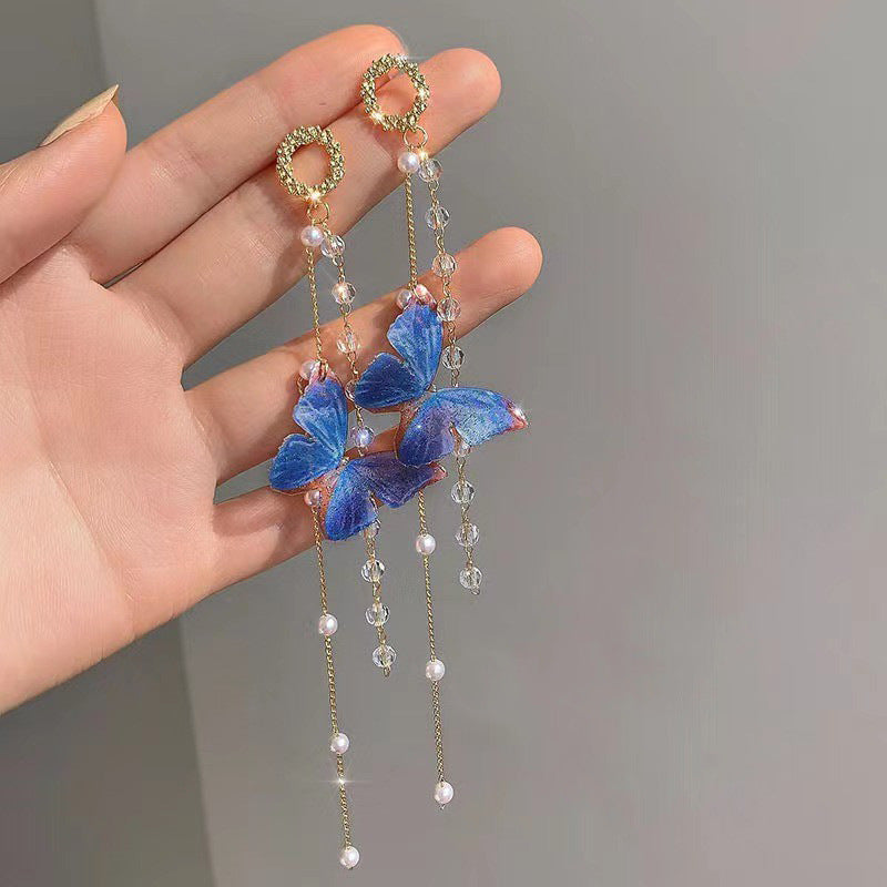 Long Tassel Blue Butterfly Earrings Fashionable Crystal