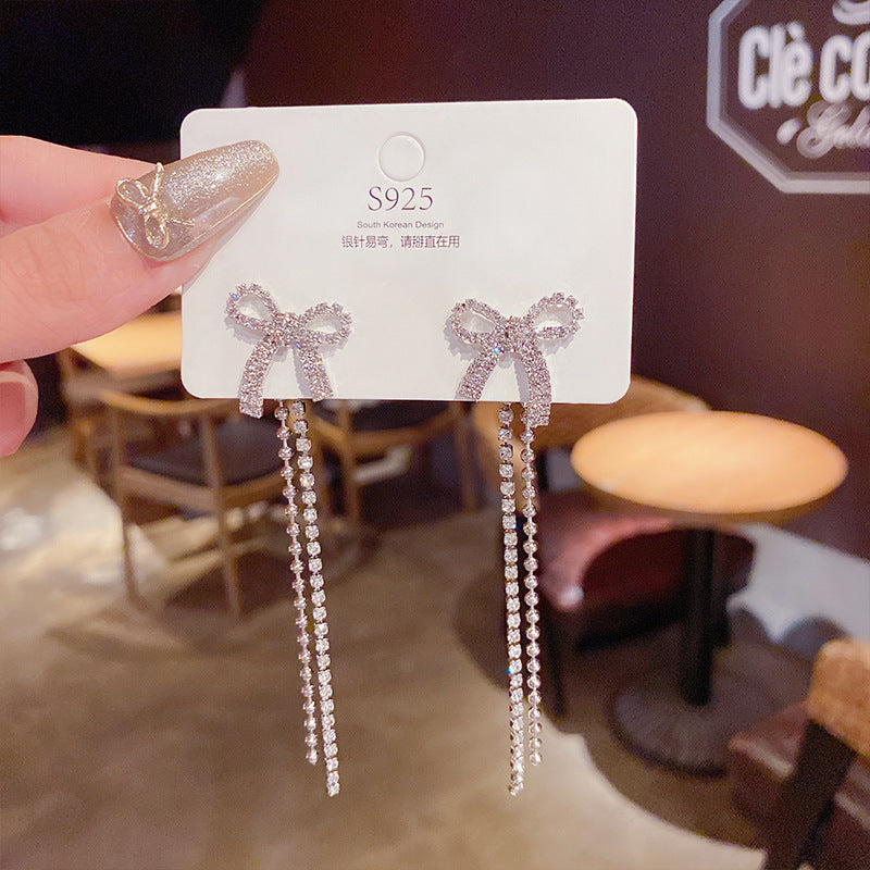 Silver Rhinestone Long Tassel Bow Earrings