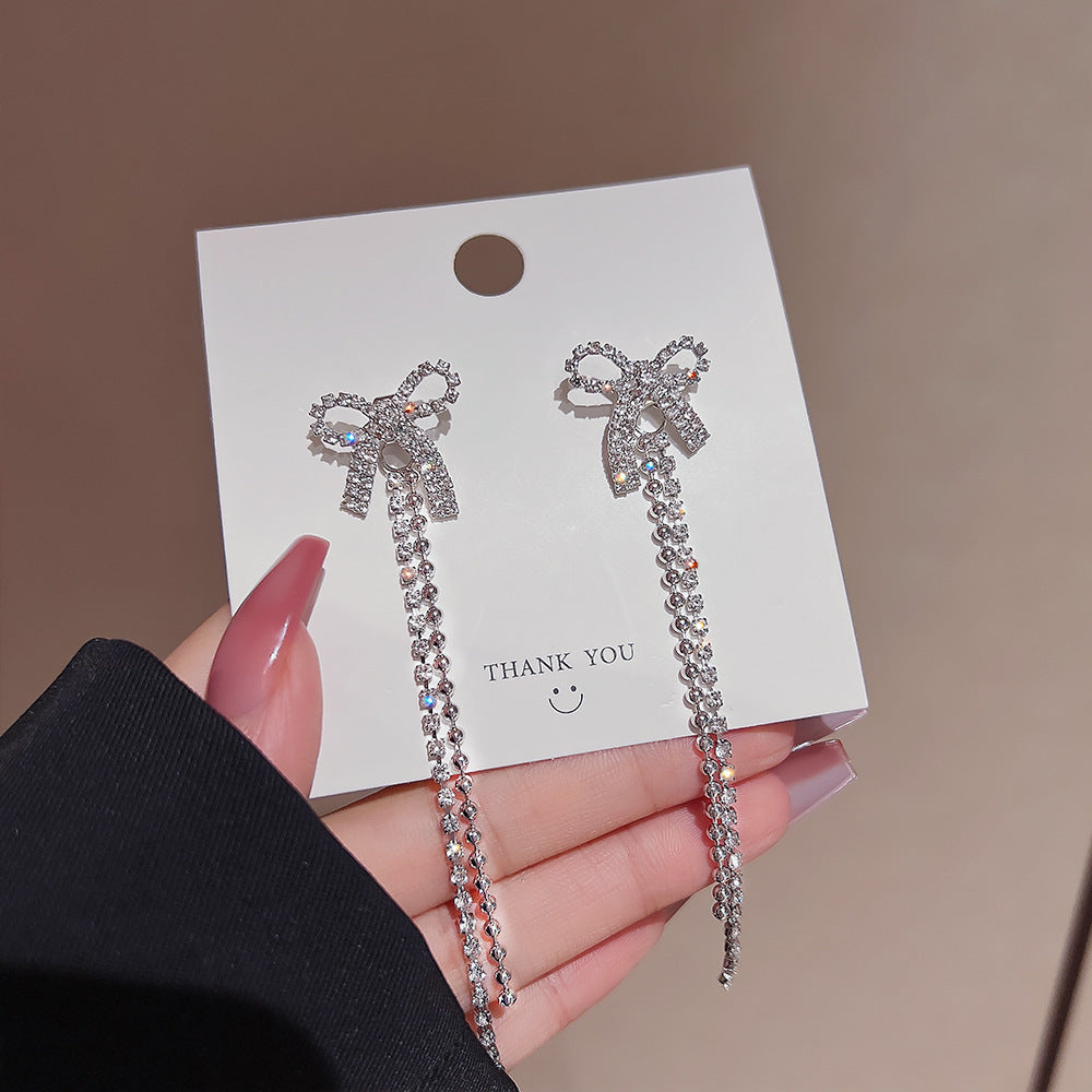 Silver Rhinestone Long Tassel Bow Earrings