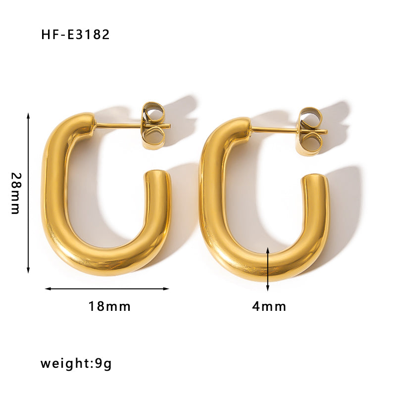 Gold Pleated Plain Half Hoops Stainless Steel Waterproof