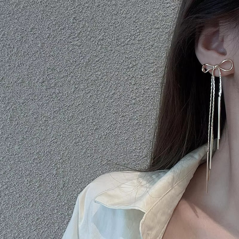 Golden Bow Long Tassel Earrings