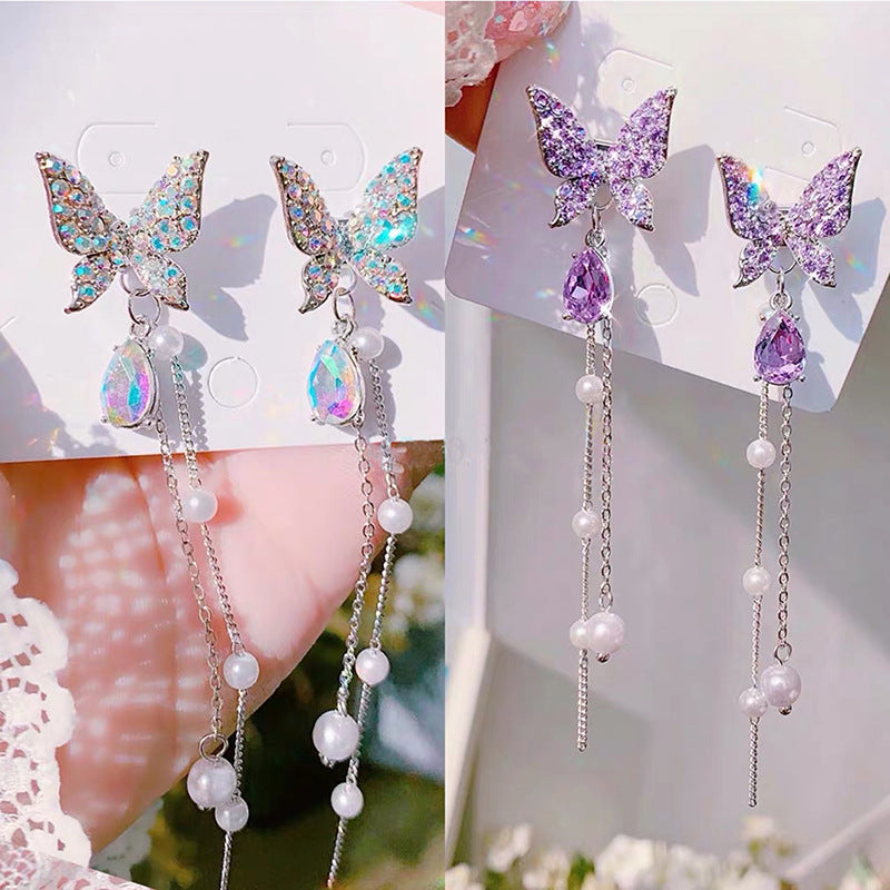 Butterfly Crystal Bead Tassel Earrings