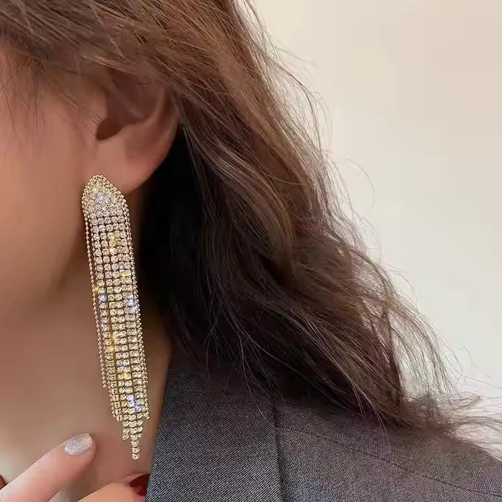 Gold Rhinestone Long Tassel Earrings