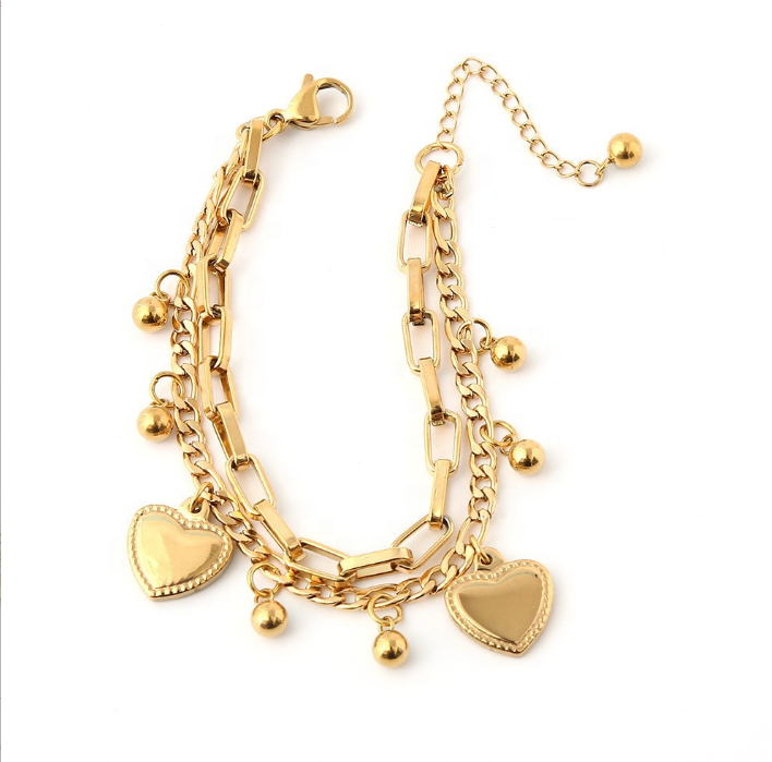 Gold-Plated Multi-Layer Heart Charm Bracelet