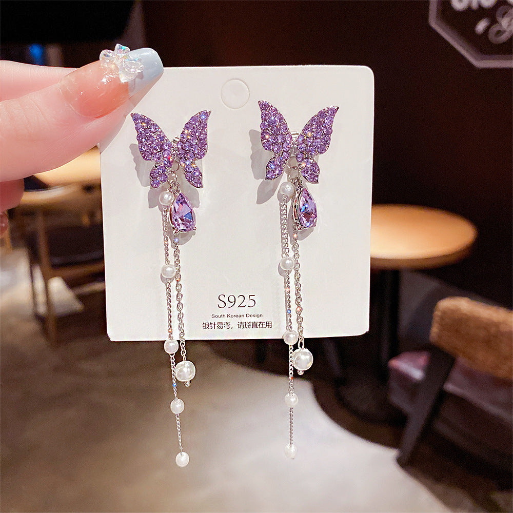 Butterfly Crystal Bead Tassel Earrings