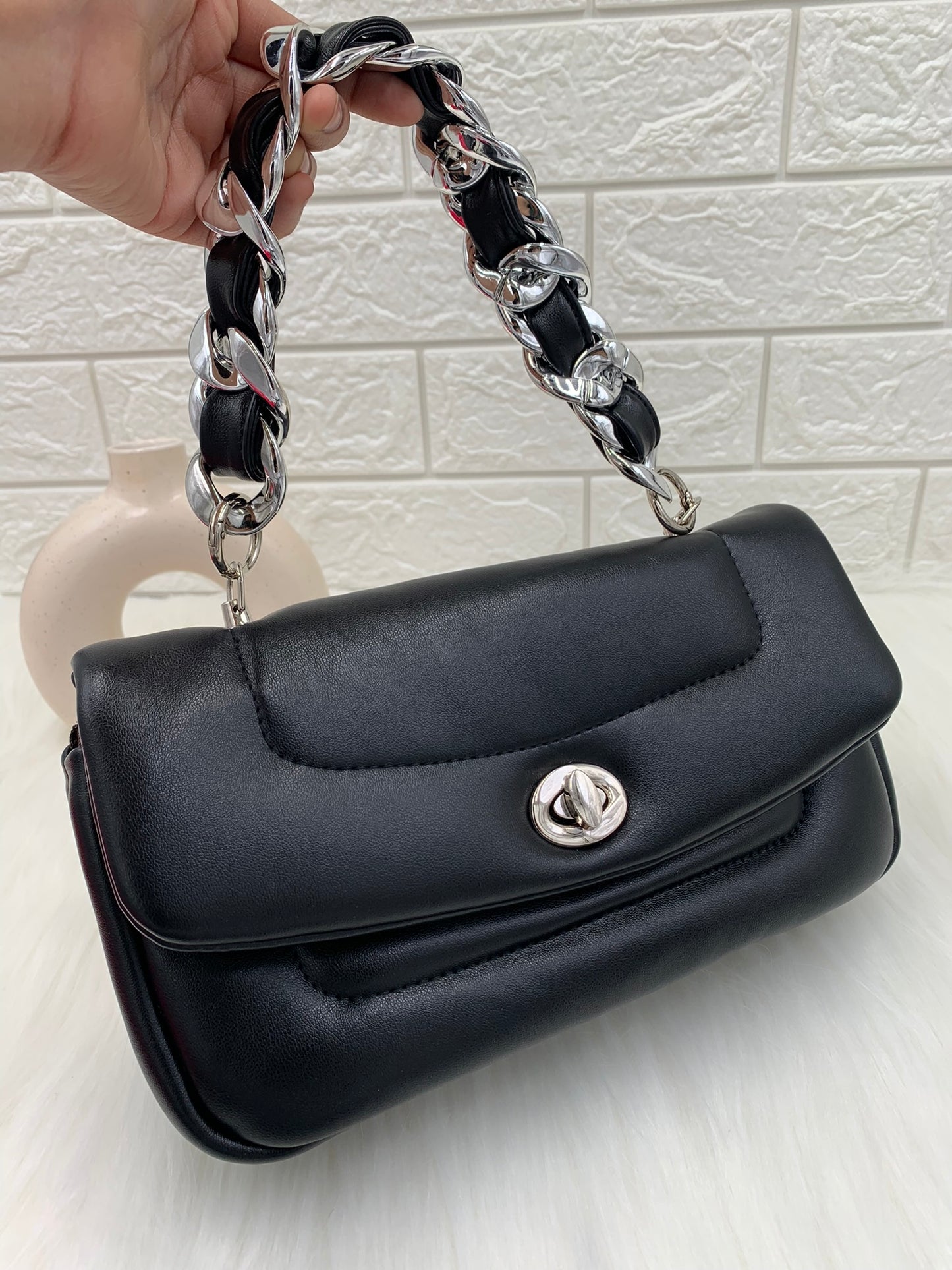 Black Solid Handheld Bag with Twisted Lock