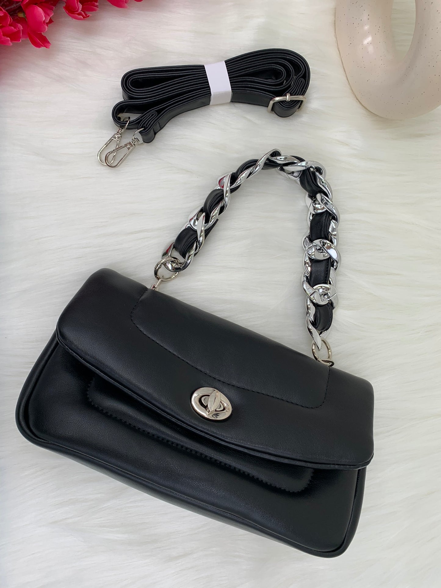 Black Solid Handheld Bag with Twisted Lock