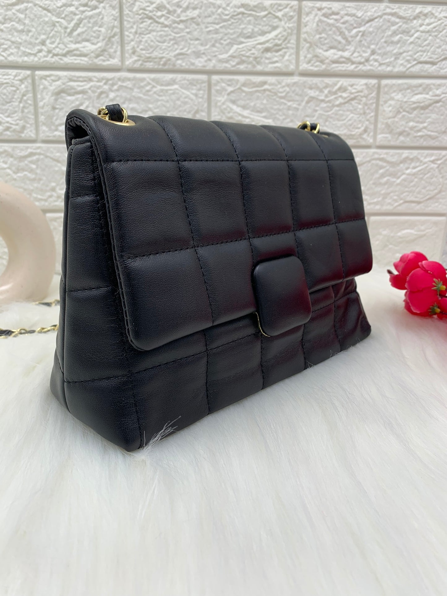 Textured Structured Satchel Bag With Quilted