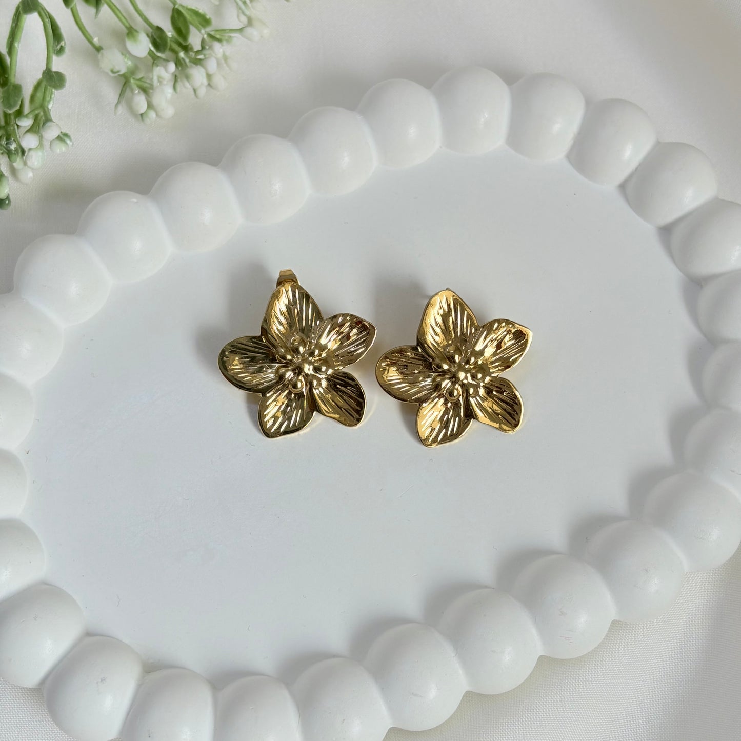 Flower Shaped Gold Pleated Earrings | Waterproof & Tarnish Free