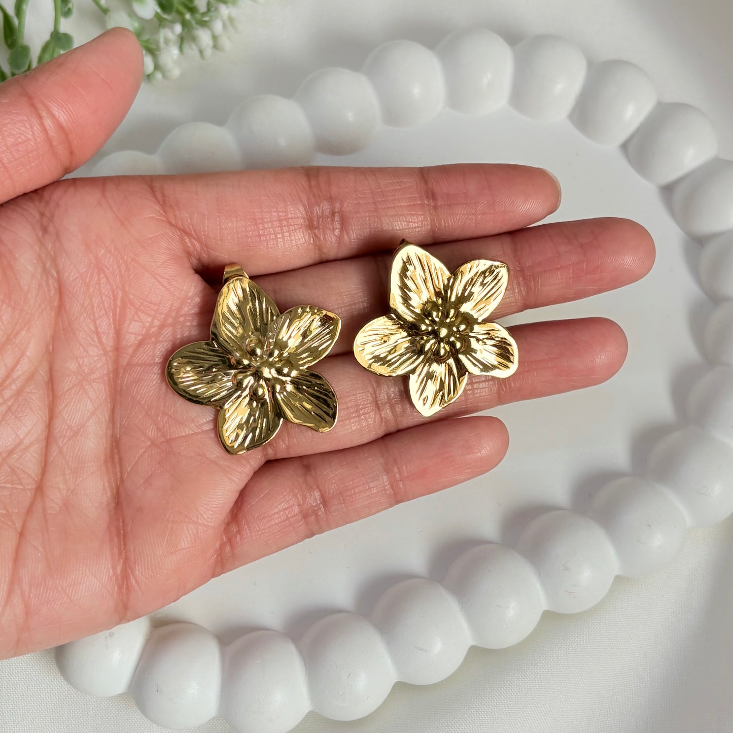 Flower Shaped Gold Pleated Earrings | Waterproof & Tarnish Free