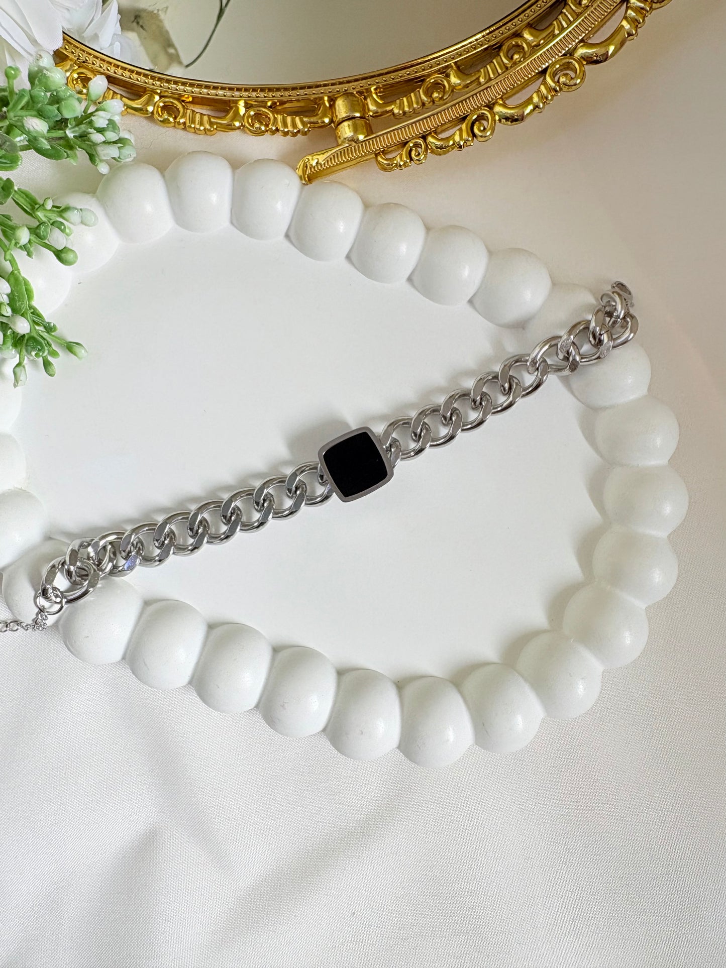 Silver Cuban Chain Bracelet with Black Epoxy & Square Black Shell