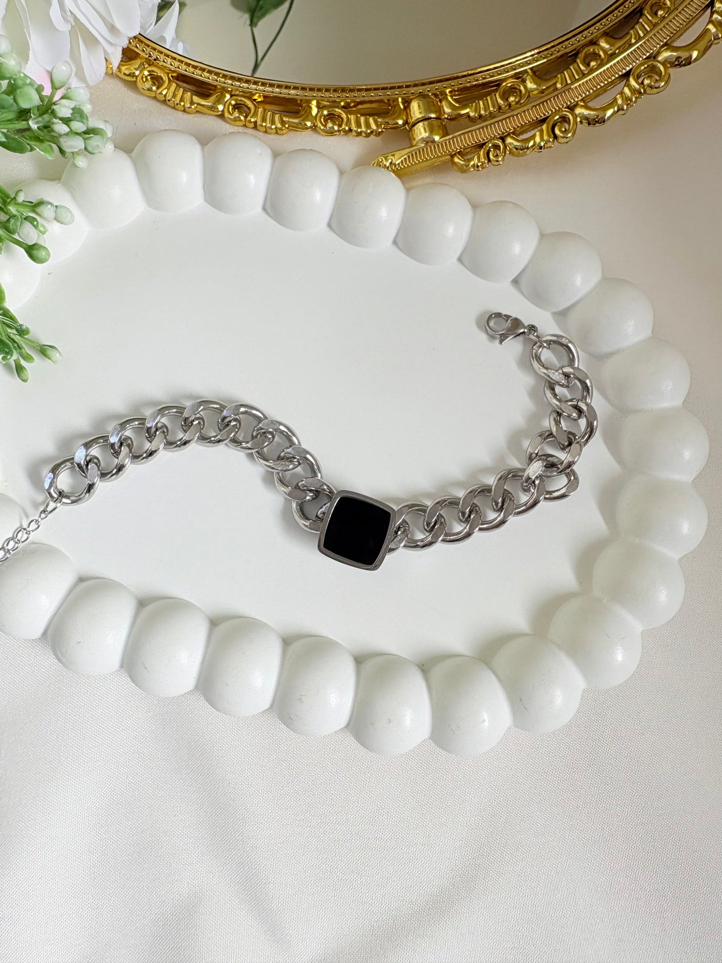 Silver Cuban Chain Bracelet with Black Epoxy & Square Black Shell