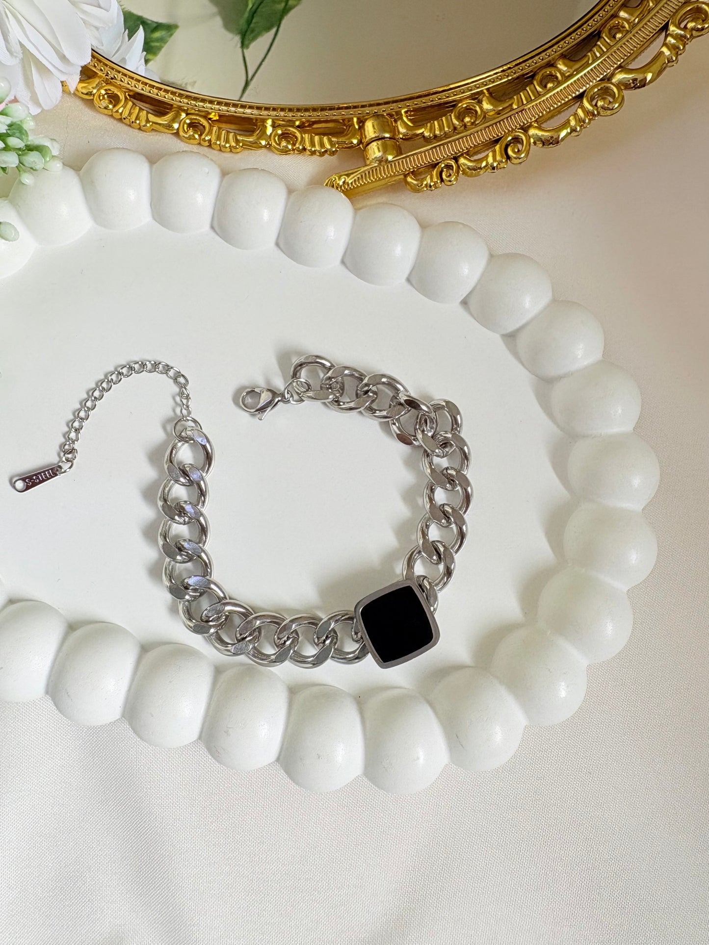 Silver Cuban Chain Bracelet with Black Epoxy & Square Black Shell