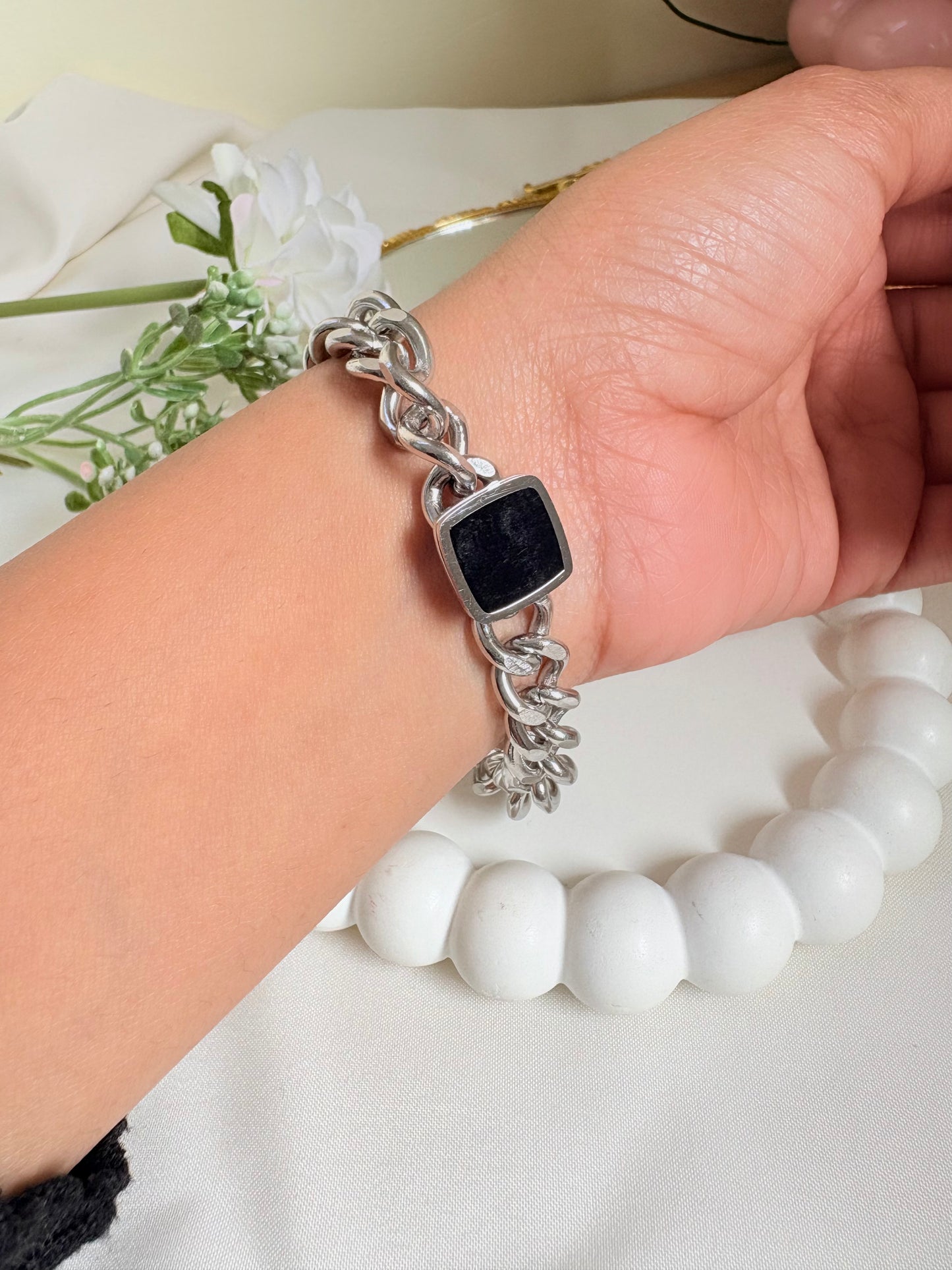 Silver Cuban Chain Bracelet with Black Epoxy & Square Black Shell