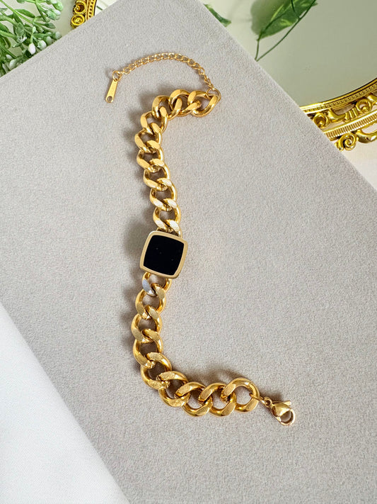 Gold-Plated Cuban Chain Bracelet with Black Epoxy & Square Black Shell